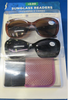 2 Pack Sunglass Readers Full Frame UV Protection Includes 2 Cases +2.00 Power