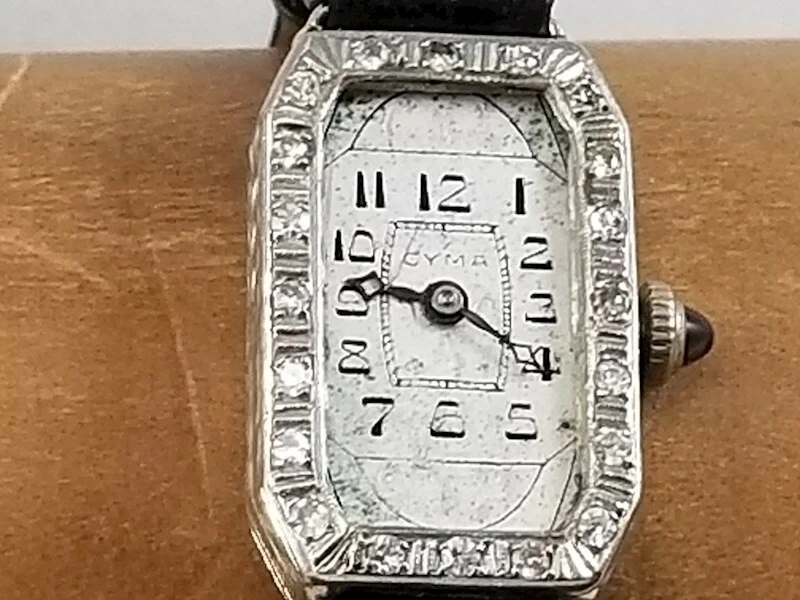 Antique 20K White Gold Platinum Diamond Cyma watch runs servicing oiling