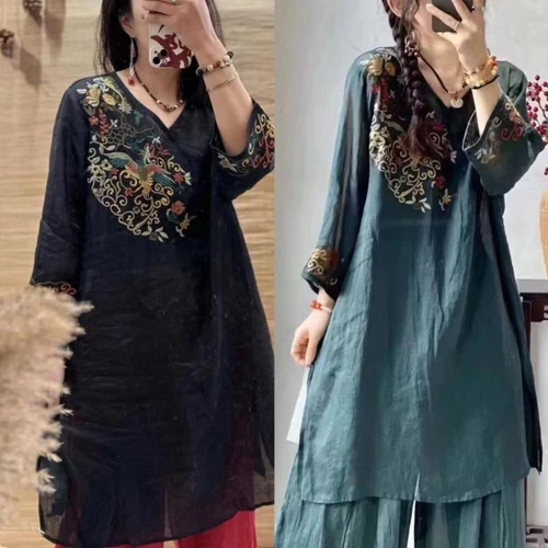 Retro Women Ethnic Embroidered Dress V Neck Chinese Floral Midi Tops Shirt Dress - Picture 9 of 22