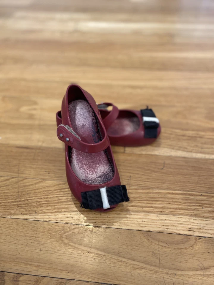 Mini Melissa Sz 24 8 maroon Bow Shoes Girls Church UltraGirl Peep Toe Dressy - Image 2 of 4