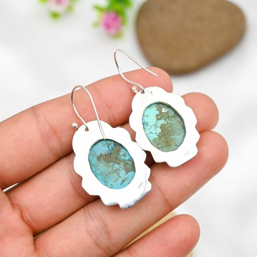 Natural Turquoise Gemstone Earrings Handmade 925 Sterling Silver Jewelry Gift - Picture 5 of 5