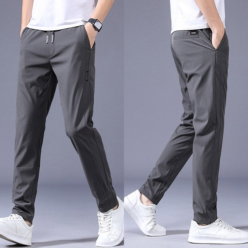 Summer Men Casual Long Pants Slim Fit Elastic Waist Light Thin Cool