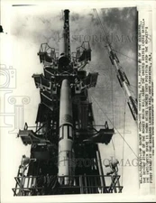 1957 Press Photo Vanguard rocket second stage being lowered into position, FL