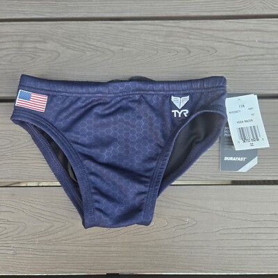 TYR Durafast Elite Hexa American Flag  Youth Boys Navy Racer Briefs Size 22 New