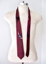 Vtg 80s New Wave Burgundy Rockabilly Narrow Tie Geometric Polyester Silk 2.75"