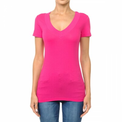 Cotton Wide Band Deep V-Neck Short Sleeve Casual T Shirt Top S-3X Ambiance 