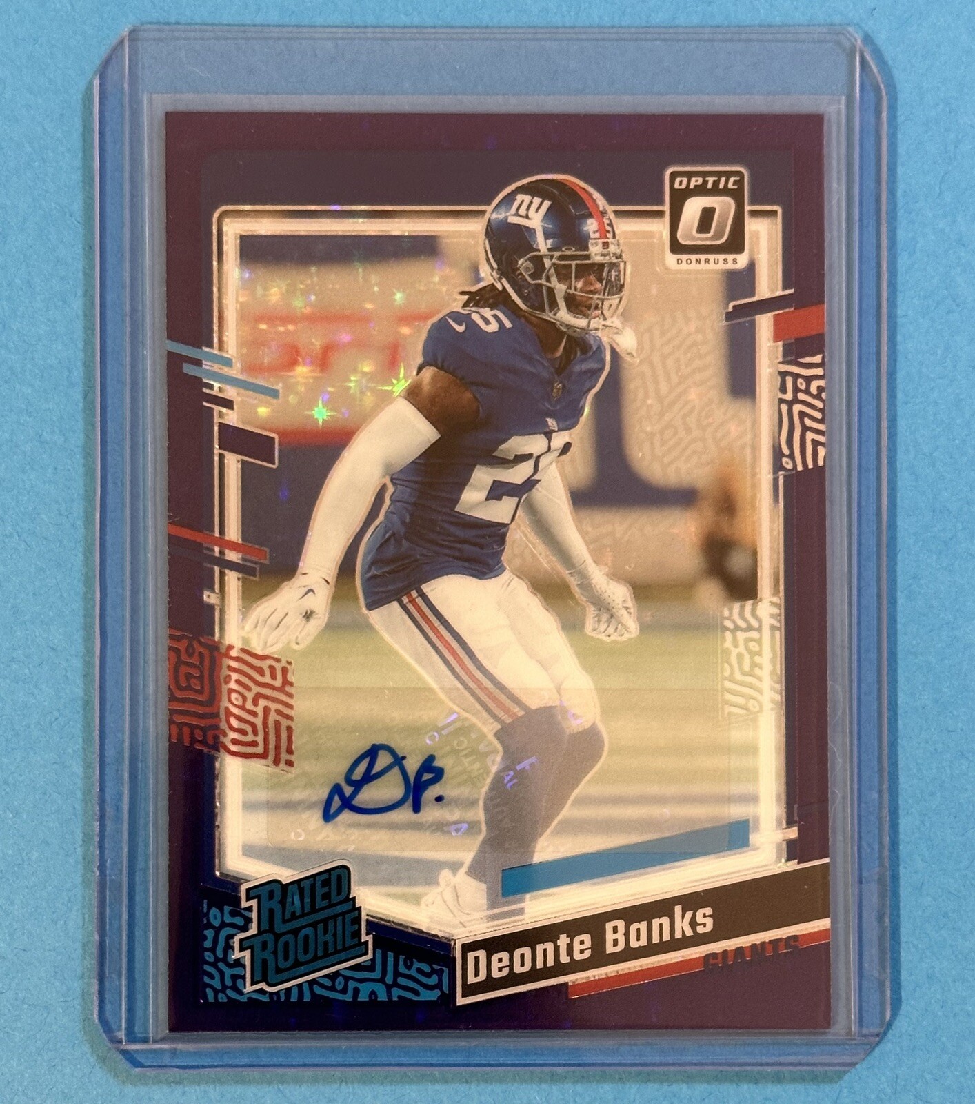 Deonte Banks #/50 Purple Stars Prizm Auto RC 2023 Optic FOTL Giants Rated Rookie