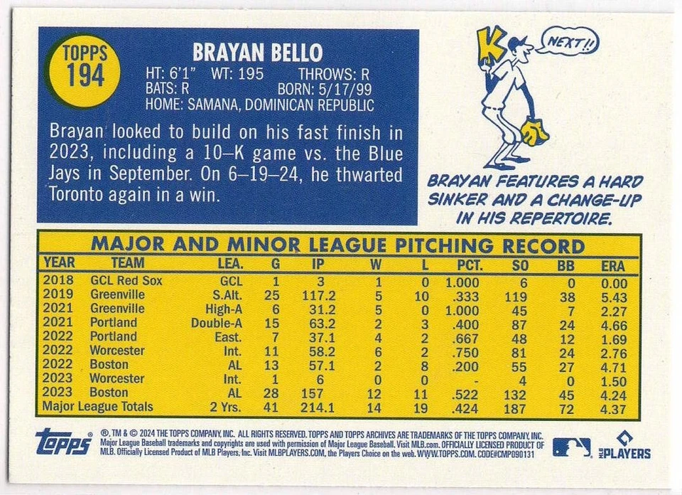 2024 Topps Archives #194 Brayan Bello Yellow Foilboard - Image 2 of 2