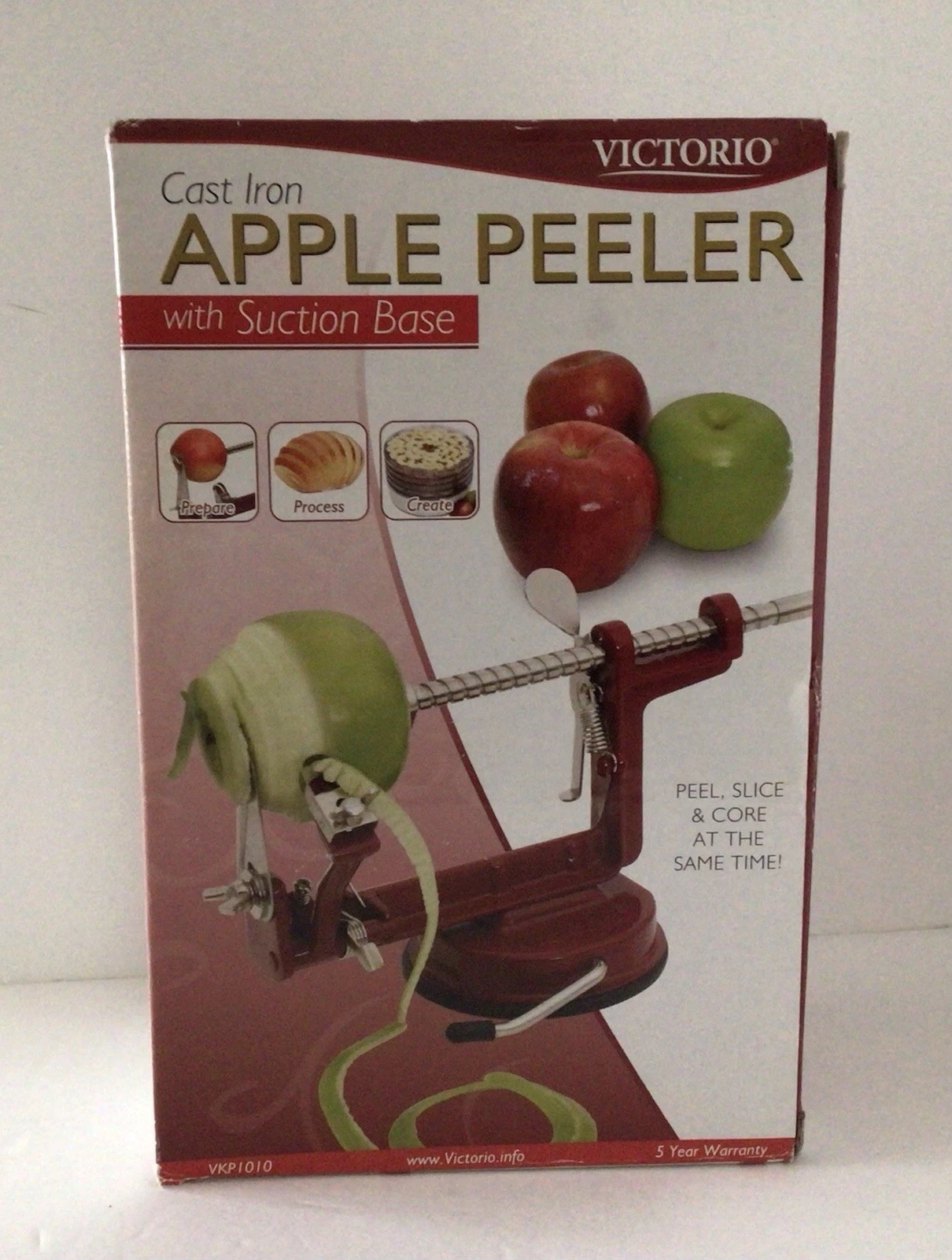 NEW Cast Iron Apple Peeler W/Suction Base VICTORIO Peels Cores Slices VKP1010
