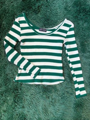 Vintage y2k Rib Knit Fitted Long Sleeve Green & Cream Striped Scoop Neck Top