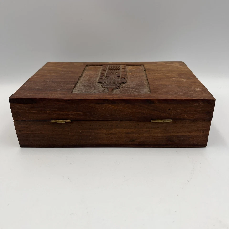 Vtg Wood Carved Tea Caddy Big Ben Of London Utensils Spoon Strainer Hinged Box - Image 4 of 4