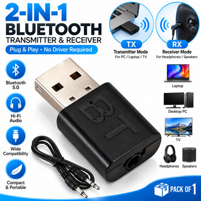 2-in-1 USB Bluetooth 5.0 Transmitter & Receiver AUX Audio Adapter for TV/PC/Car