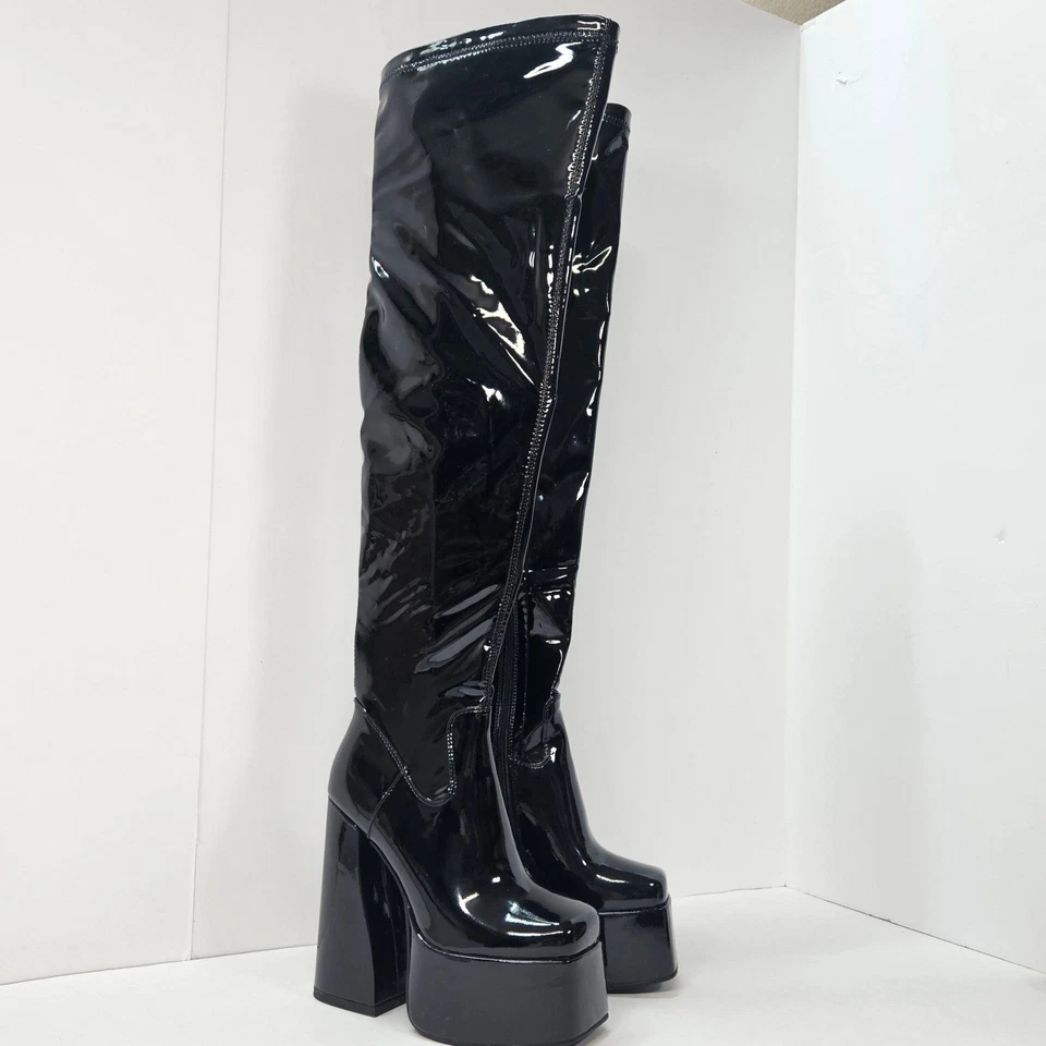 ElegaStep Black Patent Platform Chunky Heel Over The Knee Boots Women's Size 6 - Image 2 of 4