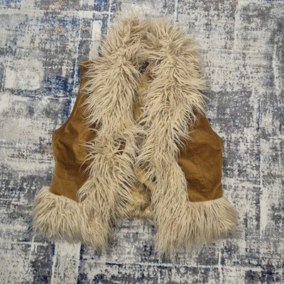 Superdry Afghan Cropped Weste Cord Boho Weste mit Kunstfell gefüttert Gr Uk 12