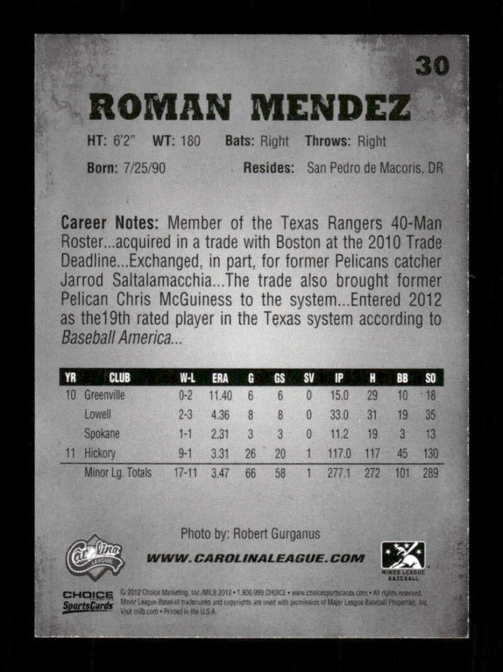 2012 Choice Myrtle Beach Pelicans 30 Roman Mendez BXCP30 - Image 2 of 2