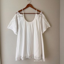 Crocheted Ruffle Open Shoulder Summer Above Knee Dress Cover Up Women's XS White