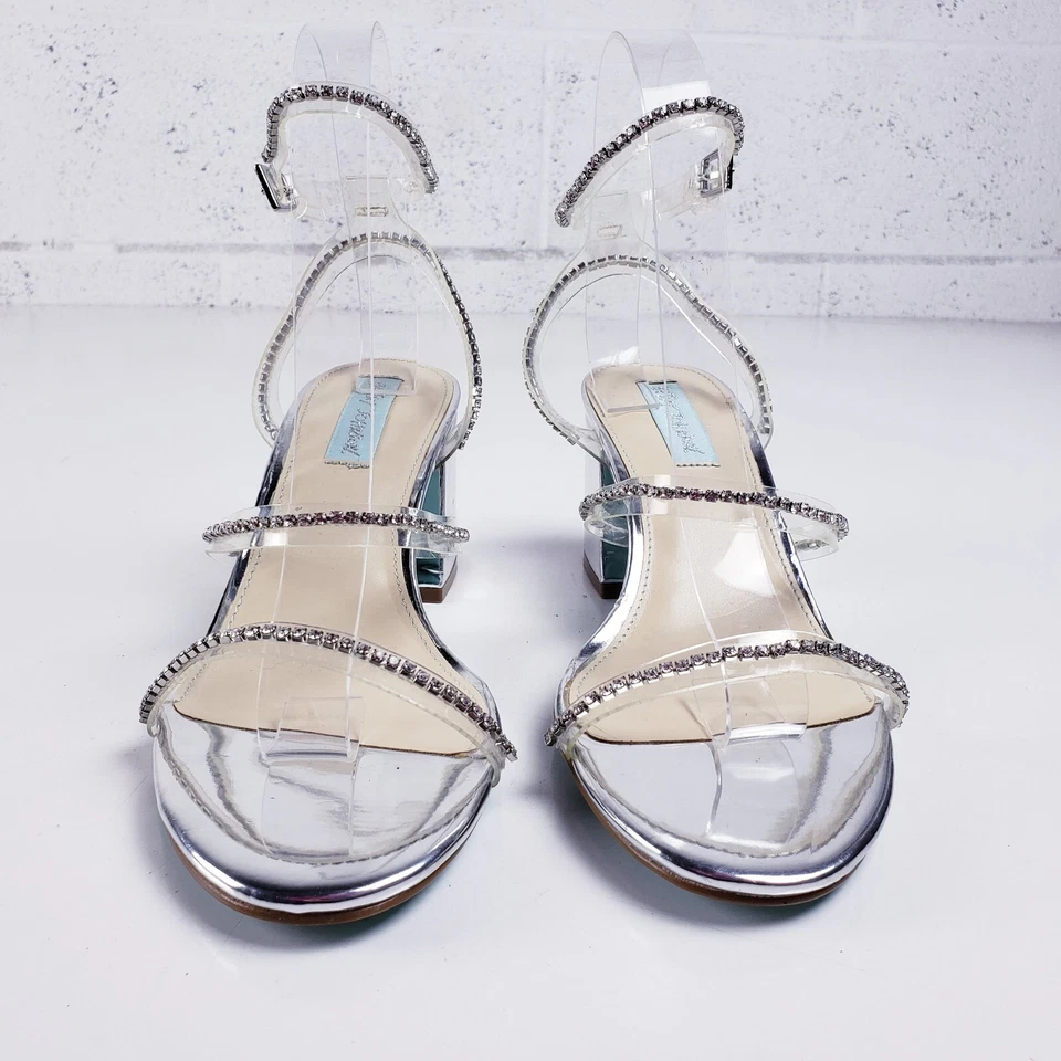 Betsey Johnson 8 Silver Block Heel Rhinestone Slingback Sandal Party Cocktail - Image 2 of 4