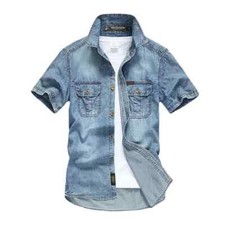 Men's Summer Trendy Fashion Denim Short-sleeved Casual Button-down Shirt Top