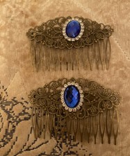 (2) Retro Royal Blue Crystal French Filigree Vintage Bronze Hair Combs