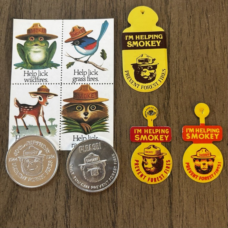 USDA Forest Service Fire Prevention Smokey Bear Lot Badges, Coins, And Stamps