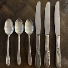 6 Pc Silverplate Wm Rogers Mfg STRATFORD Rose Spoon Knife “F”monogram Vintage