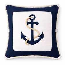 Nautical Anchor Square Decorative Cover Pillow Navy Red White Cotton Rope Accent