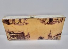 Vintage clutch purse vinyl shiny European town village images JR 60s 70s yellow