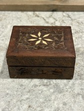 VTG Wooden Jewelry Trinket Box Hand Carved Wood Inlay Made In India 3x2.5x1.5