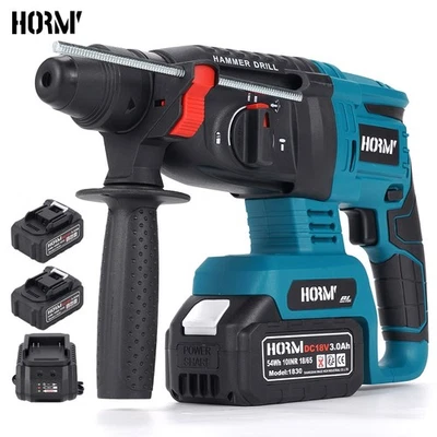 HORMY Cordless Hammer Drill SDS Rotary Heavy Duty Electric Impact Hammer + 2 Batteries