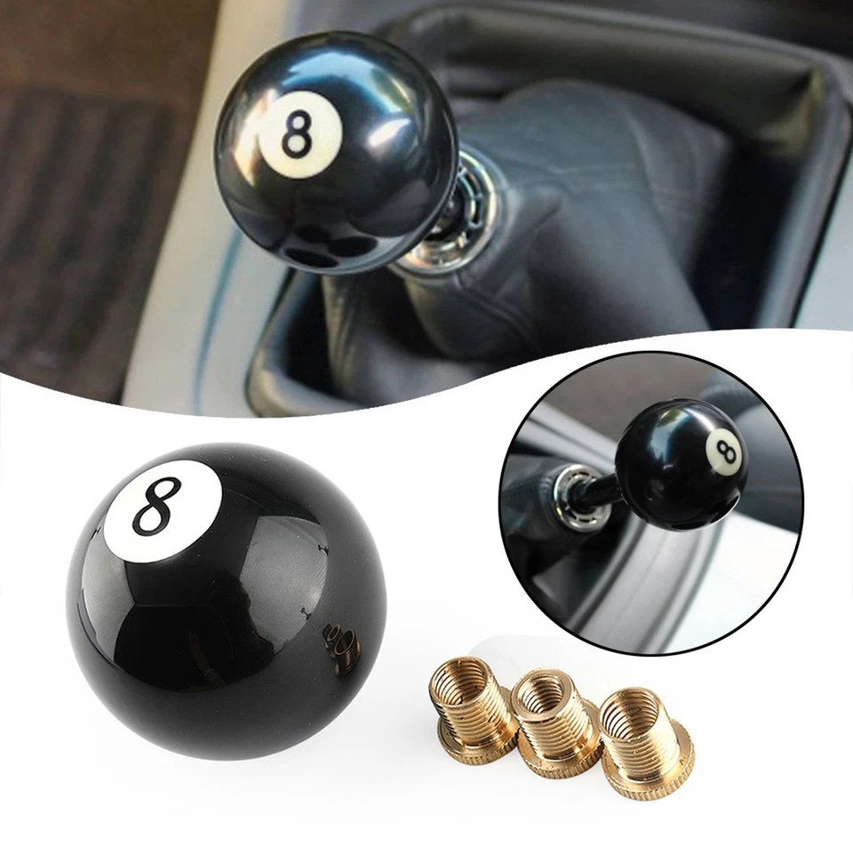🌟Universal No.8 Billiard Ball Gear Shifter Black Round Shift Knob w/ 3 Adapters Foto 4 de 4