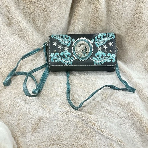 Horse Stars Turquoise Floral Crossbody Western Tri Wallet Embroidery Wristlet