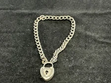 Vtg Sterling Silver Repousse Curb Link Bracelet with Puffy Heart Lock~no key