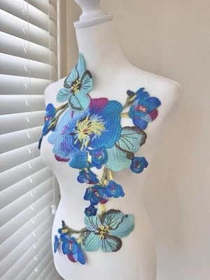 LACE IN USA Blue and pink Applique (21” x 12”) Big Patch Embroidered Flowers, Dance Costume