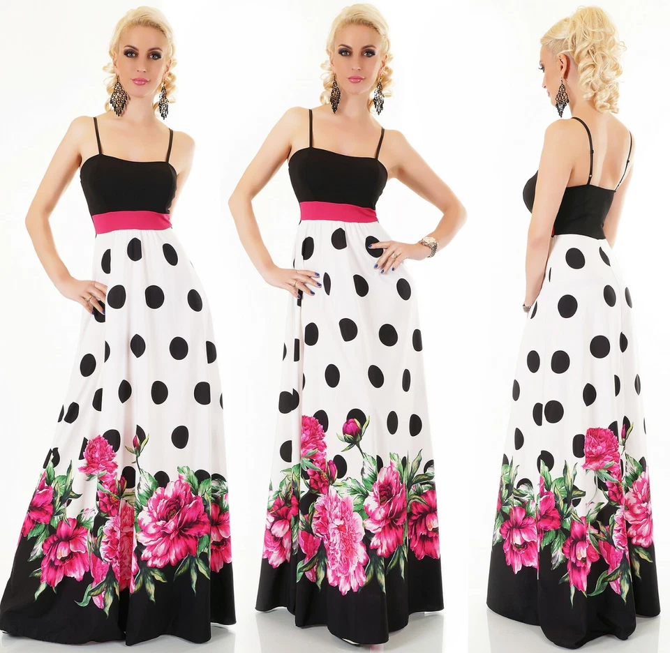 ITALY Maxi Sommer Kleid extra lang Dots Punkte Blumen Print Party Strand  - Bild 2 von 4