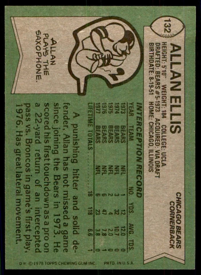 1978 Topps Allan Ellis b Chicago Bears #132 - Image 2 of 2