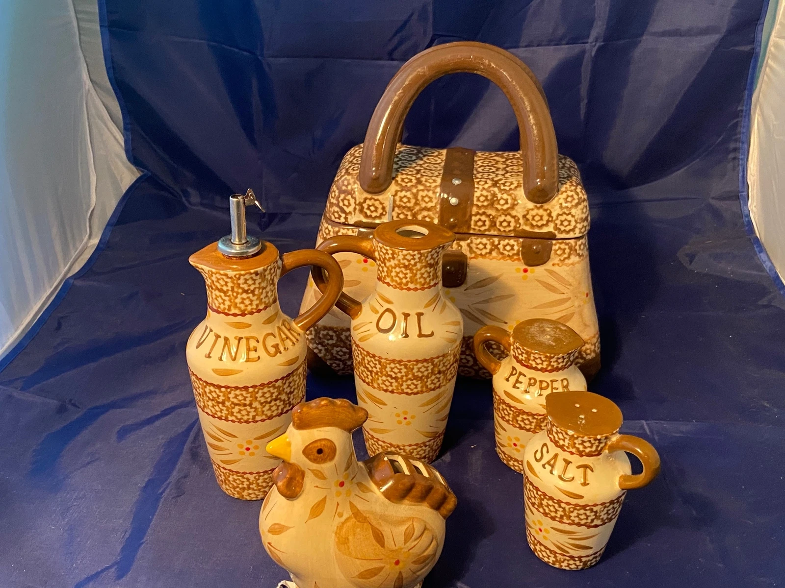 Temptations by Tara Old World Brown Ovenware 6 Pcs Cookie Jar Oil Vinegar Shaker