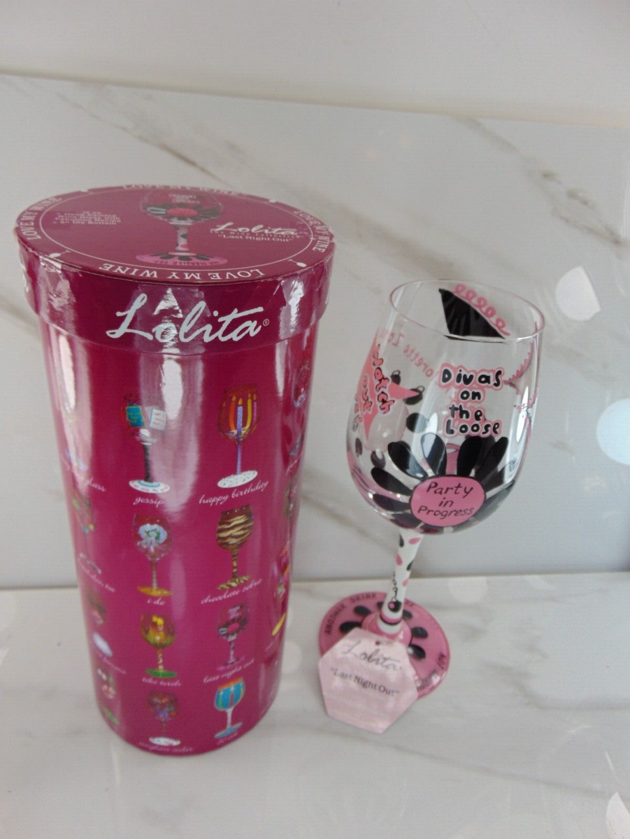 Lolita Wine Glass LAST NIGHT OUT Hand Painted Wedding Bachelorette NEW - 15  oz