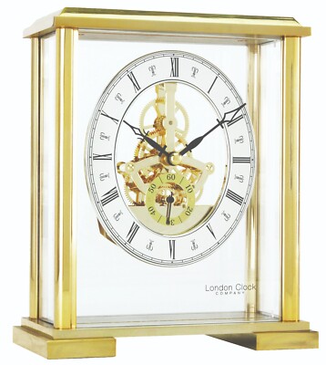Goldfarbene Skelett Quarz Batterie Kaminuhr von London Clock 02085