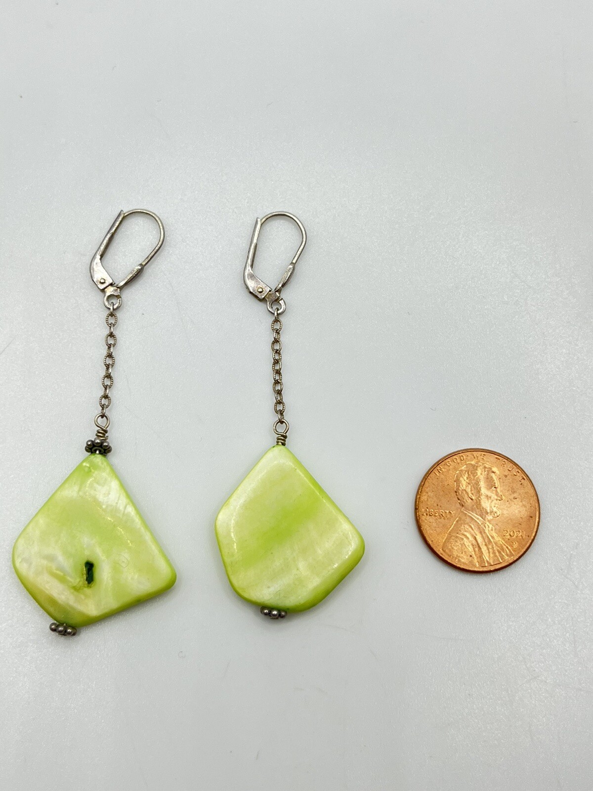 Sterling Silver Light Green Shell Dangle Chain Ea… - image 7