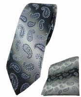 Schmale Tigertie Krawatte + Einstecktuch In Grau Grausilber Paisley Gemustert