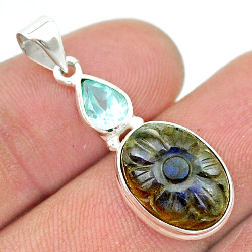 Handcrafted 7.77cts Carving Natural Blue Labradorite Oval Topaz Pendant U36408 - Picture 1 of 2