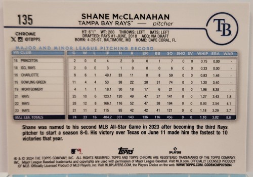 Shane McClanahan 2024 Topps Cromo #135 X-Fractor Refractor Tampa Bay Rays - Imagen 2 de 2