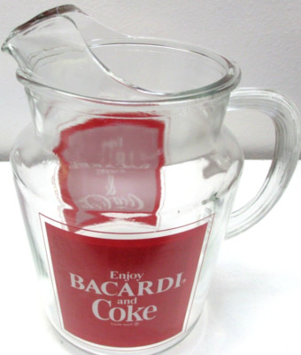 Vintage Enjoy Bacardi Rum & Coca Cola Glass Pitcher 9 1/4'' Tall