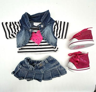 Build A Bear Black White Stripe Pink Heart Top Pleated Denim Skirt Teddy Shoes