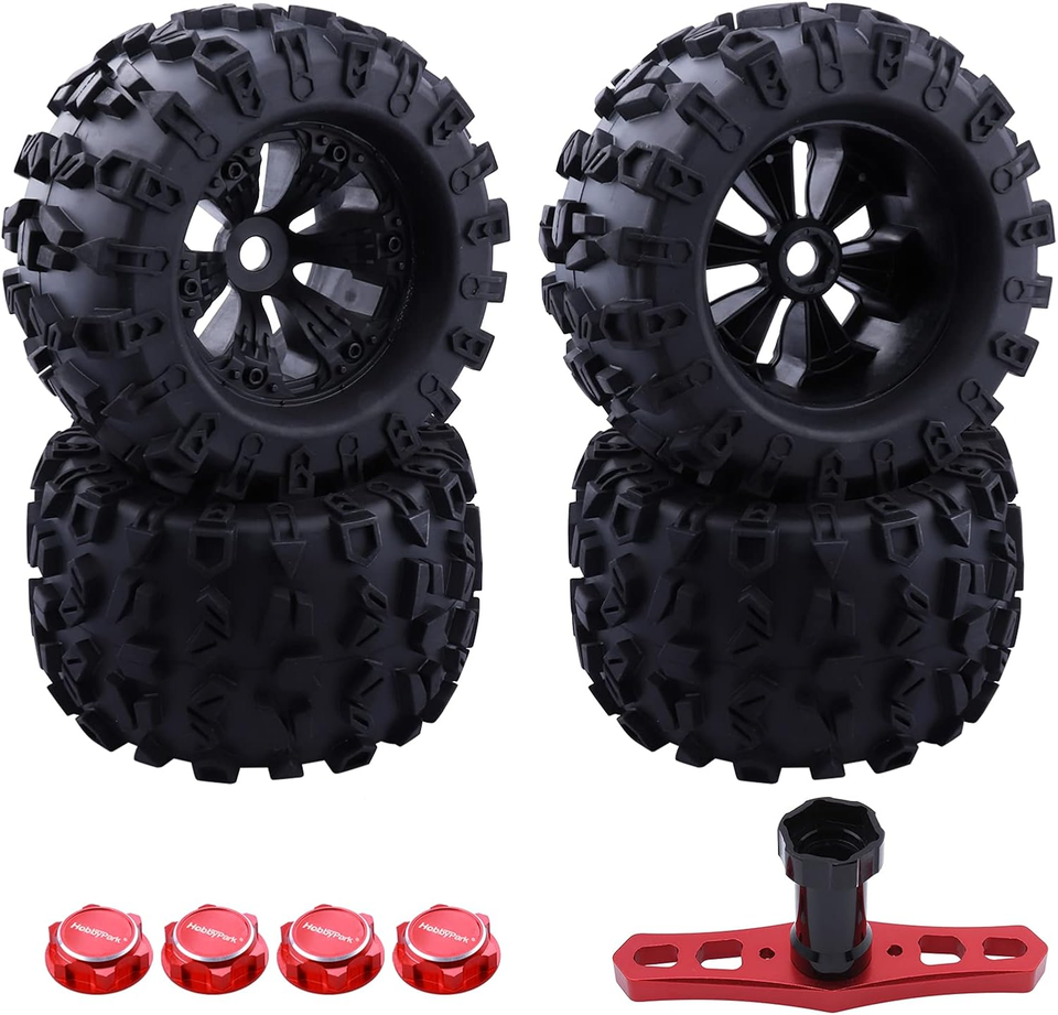 Pre-Glued 1/14 RC Truck Tires & Wheels (4PCS) - 12mm Hex All-Terrain Tires 2.56" OD - Compatible With Traxxas, ARRMA Mojave GROM, Tamiya Kyosho HPI