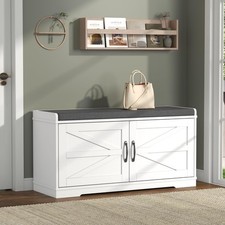 Shoe Storage Bench 2-Tier Farmhouse Entryway Bench with Padded Seat Cushion