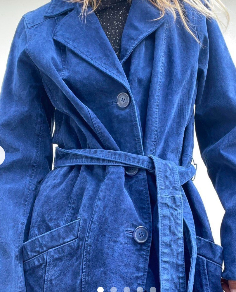 Vintage Dennis Basso Blue Leather Coat with Chain Design and Belt for Women SzXS