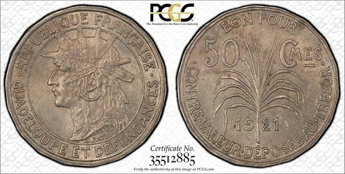 GUADELOUPE 50 Centimes 1921, NGC MS 62, Original UNC Uncirculated w/ Luster. B3