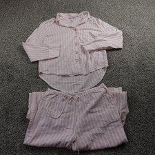Victoria Secret Pajama Set Womens M Pink White Button Up Shirt Top Bottoms Pants