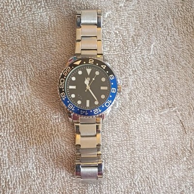 Auriol Quartz Analog Stainless Steel Watch 38mm 50m Blue/Black Bezel Black Dial